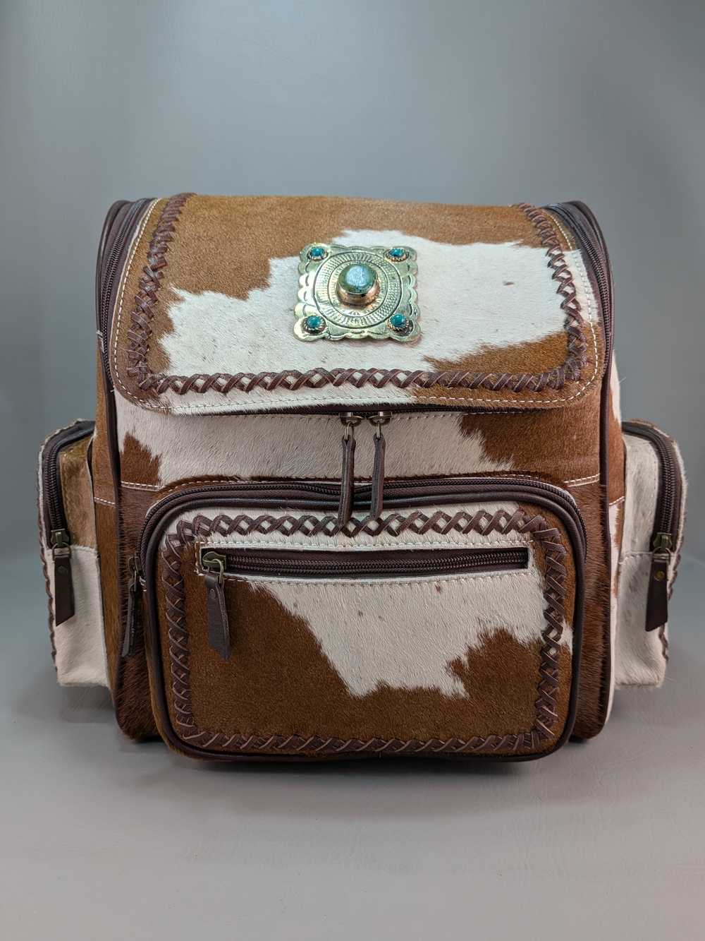 NWOT Western Leather Backpack Hair-On Hide Laptop Travel Diaper Turquoise Concho